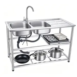 Stainless Steel Double Bowl Utility Sink Set, Commercial Restaurant Kitchen Sink, Outdoor Sink with Workbench & Storage Shelve with Hot and Cold Water Pipes tools gadgets high