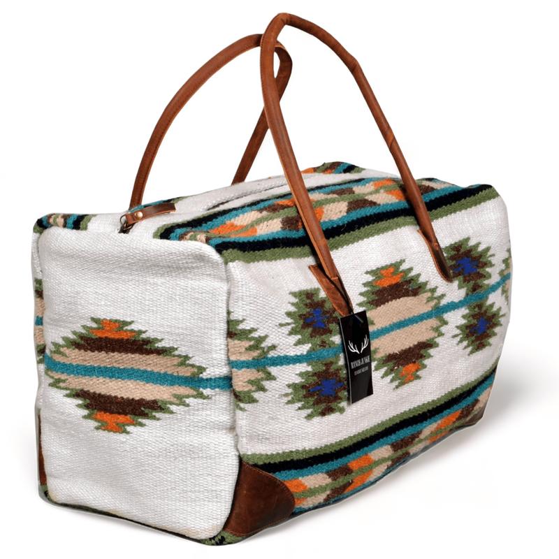 Boho Aztec Large Weekender Southwestern Duffel Bag Aspen Saddle Blanket Bag 100% Leather Handles