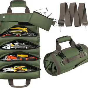 Outdoor car repair heavy-duty tool bag, tool roll up bag, compact large capacity multifunctional tool storage organizer, Convenient tool pockets, suitable for mechanics, electricians, and DIY enthusiasts, cowhide ba