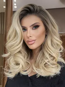 Ombre Blonde Shoulder Length Curly Wavy Bob Wig with Dark Hair Roots, Short Synthetic Glueless Wig for Beginners, Stylish Side Part Hair for All Seasons, Stylist Friendly Wig