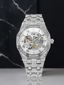 A men's silver diamond steel strip hollowed out gear craftsmanship design with eye-catching three-dimensional scale, high-end fashion fully automatic mechanical watch, Automatic Watches, Stainless Steel Wristwatch