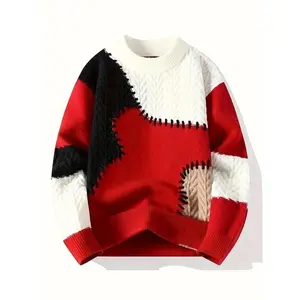 Men's Color-Block Knitted Sweater - Soft and Warm for Autumn and Winter, Christmas Casual Pullover, Korean Style, Machine Washable Regular Fit Round Neck Long Sleeve, Durable and Comfortable Top, Star Selection 8658