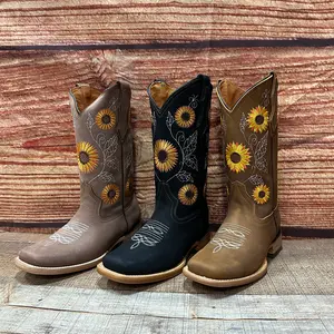 Women's Western Rodeo Square Toe Sunflower Embroidery Leather Boots Est.808 Girasoles