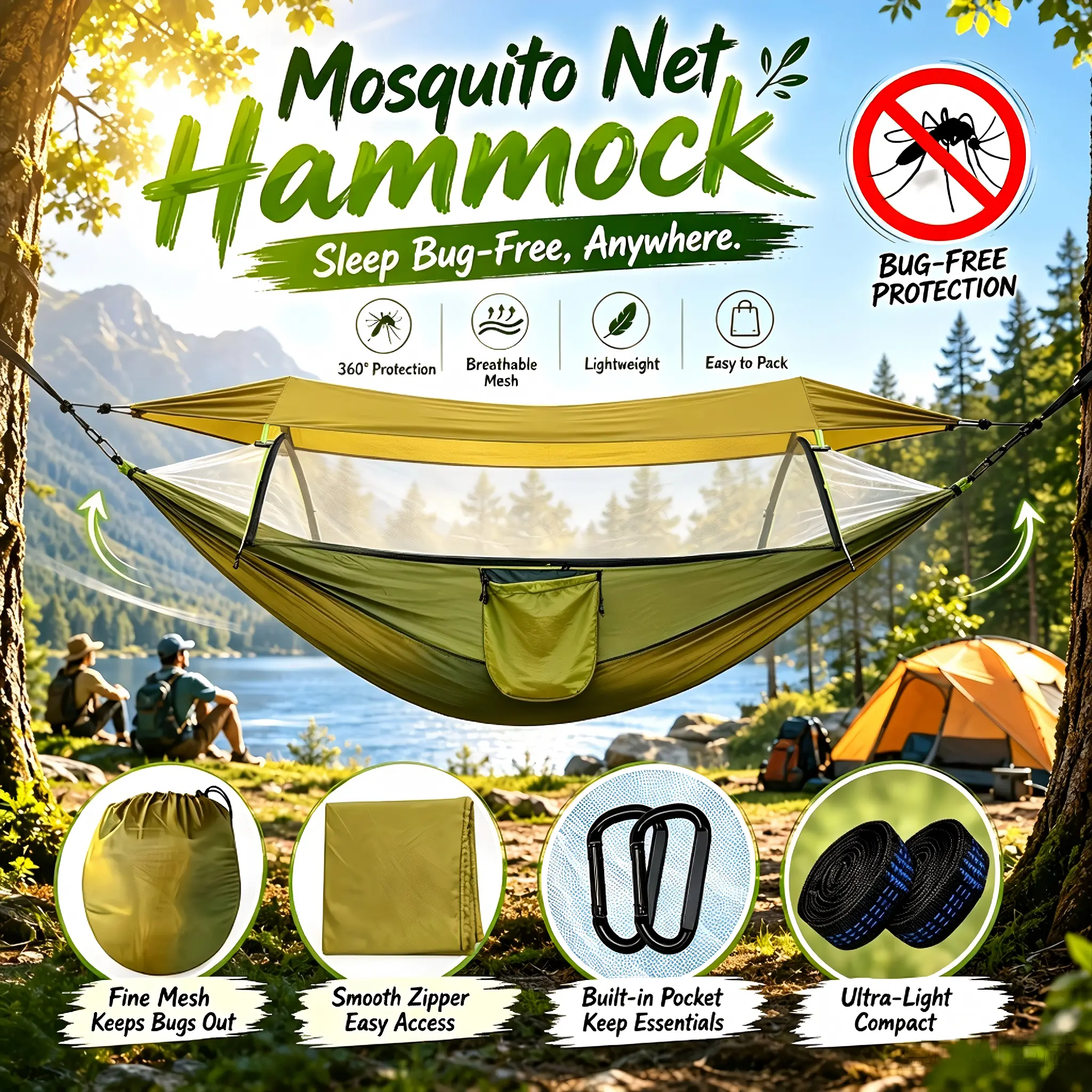 Large Size Camping Hammock with Mosquito Net, Lightweight Portable Double & Single Hammock Tent with 2 Tree Straps, Parachute Nylon Hammock for Outdoor Backpacking Beach Backyard Patio Hiking,