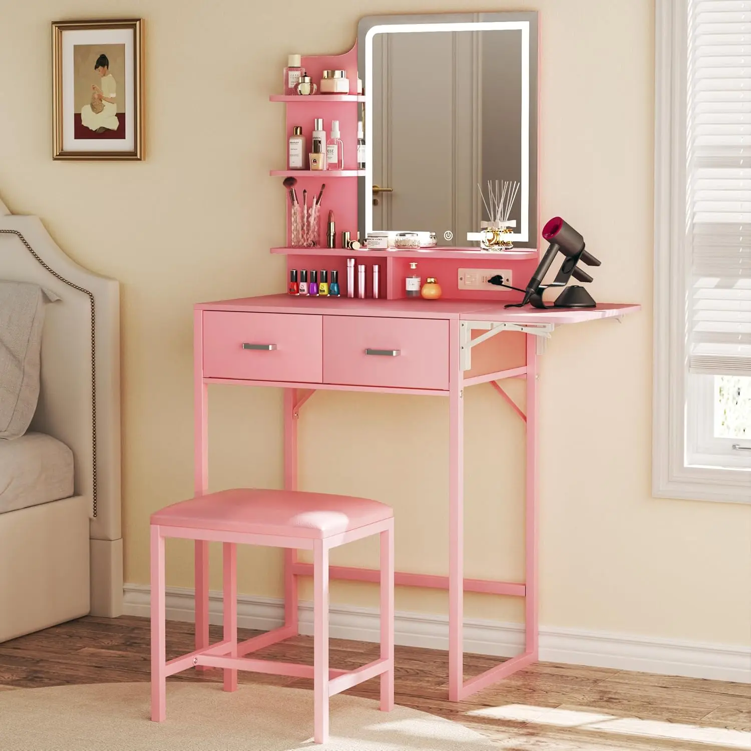 【Summergarden】Small Vanity Desk with Mirror and Lights, Makeup Vanity with Fabric Storage Drawer, Chair and Three Shelves, Pink Vanity with Power Outlet and Fold-up Panel, Bedroom