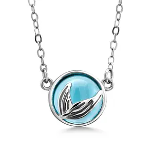 925 Sterling Silver Fish Tail Aqua Blue Crystal Necklace, Silver Fish Tail Necklace, Aqua Blue Crystal Necklace, Hypoallergenic Necklace