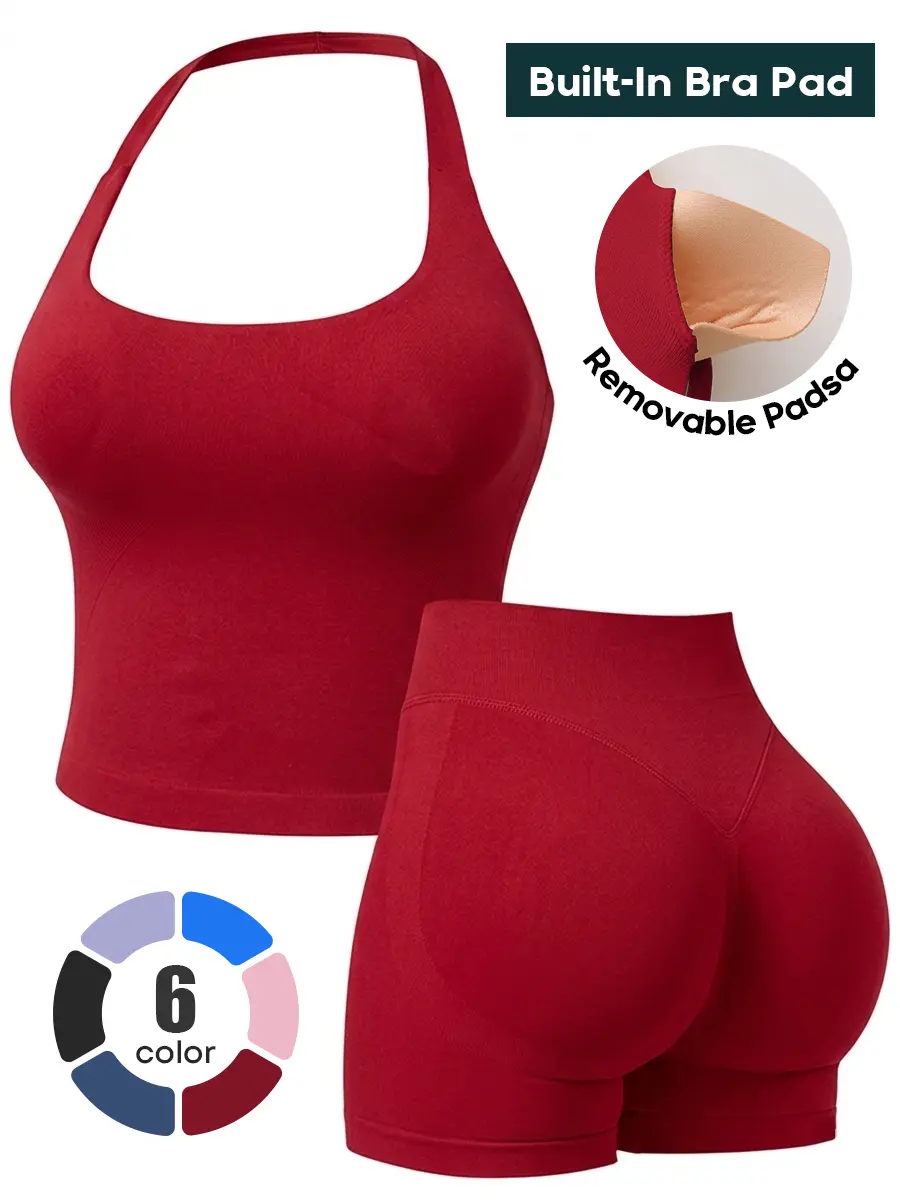 Two-Piece Set Women's Solid Color Halter Top & High Waist Shorts Sports Set, Sporty Breathable Quick Drying Outfits for Yoga Gym Workout Running, Ladies Sportswear for Summer, Quick Dry Activewear summer two piece set