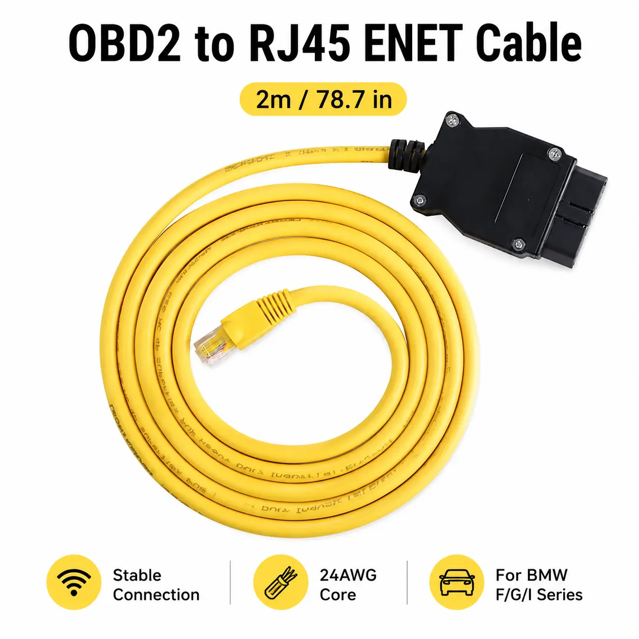 BMW ENET OBD2-RJ45 Ethernet Cable, 2M Yellow Diagnostic & Coding Cable for F/G Series Vehicles, Compatible with Windows, Mac & Mobile Adapters