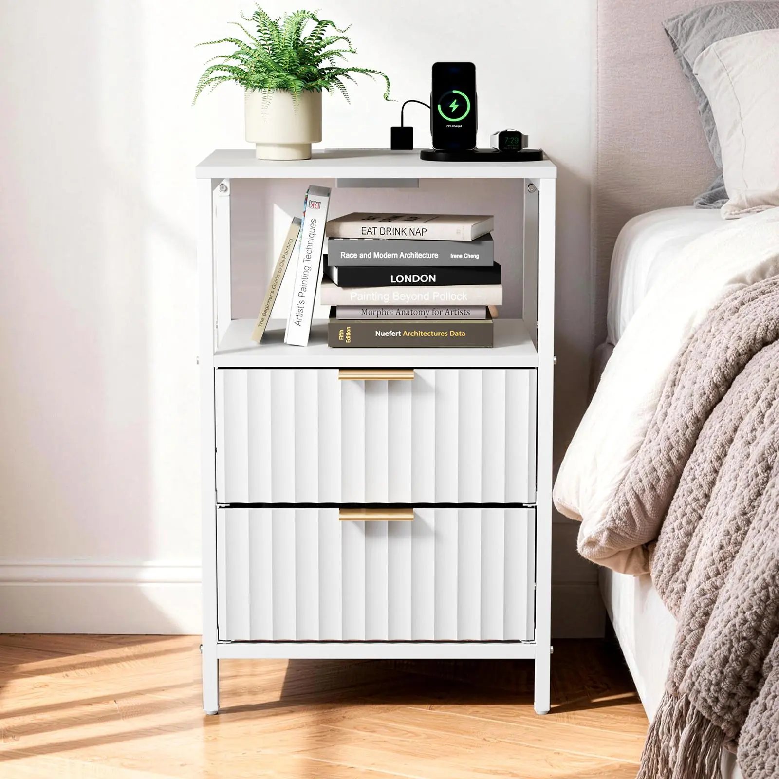 Modern Bedroom Nightstand - Reinforced Metal Frame & Wood Indoor Furniture, Rectangle Bedside Table with US Standard Power Outlet, Charging Port, Scratch-Resist Top, Waterproof Melamine, Grille Design, 2 Drawers, 1 Shelf, 15"×12"×24"
