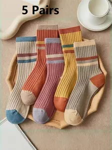 Women's Colorful Striped Ribbed Crew Socks, Breathable Contrast Design, Trendy Casual Wear for Jeans & Sneakers, Multicolor