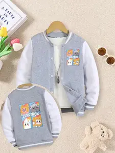 Lankybox Cute Four-Panel Comic Print Boys' And Girls' Spring-Autumn New Trendy Baseball Jacket Cardigan. Fashionable, Casual, Comfortable, Suitable For Daily Outdoor Use, Great Choice For Gift Giving.
