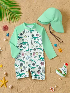 Baby Boy One-Piece Sun Protection Swimsuit with Hat, UV Protective Swimwear for Infants, Toddler Swimsuit, Comfortable and Durable Bathing Suit