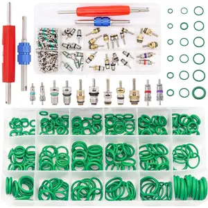 Car Repair Kit - Green Rubber Kit + Car Air Conditioner Valve Core Kit, Refrigeration Tire Valve Stem Cores with Remover Tool, O Rings System Seal Kit