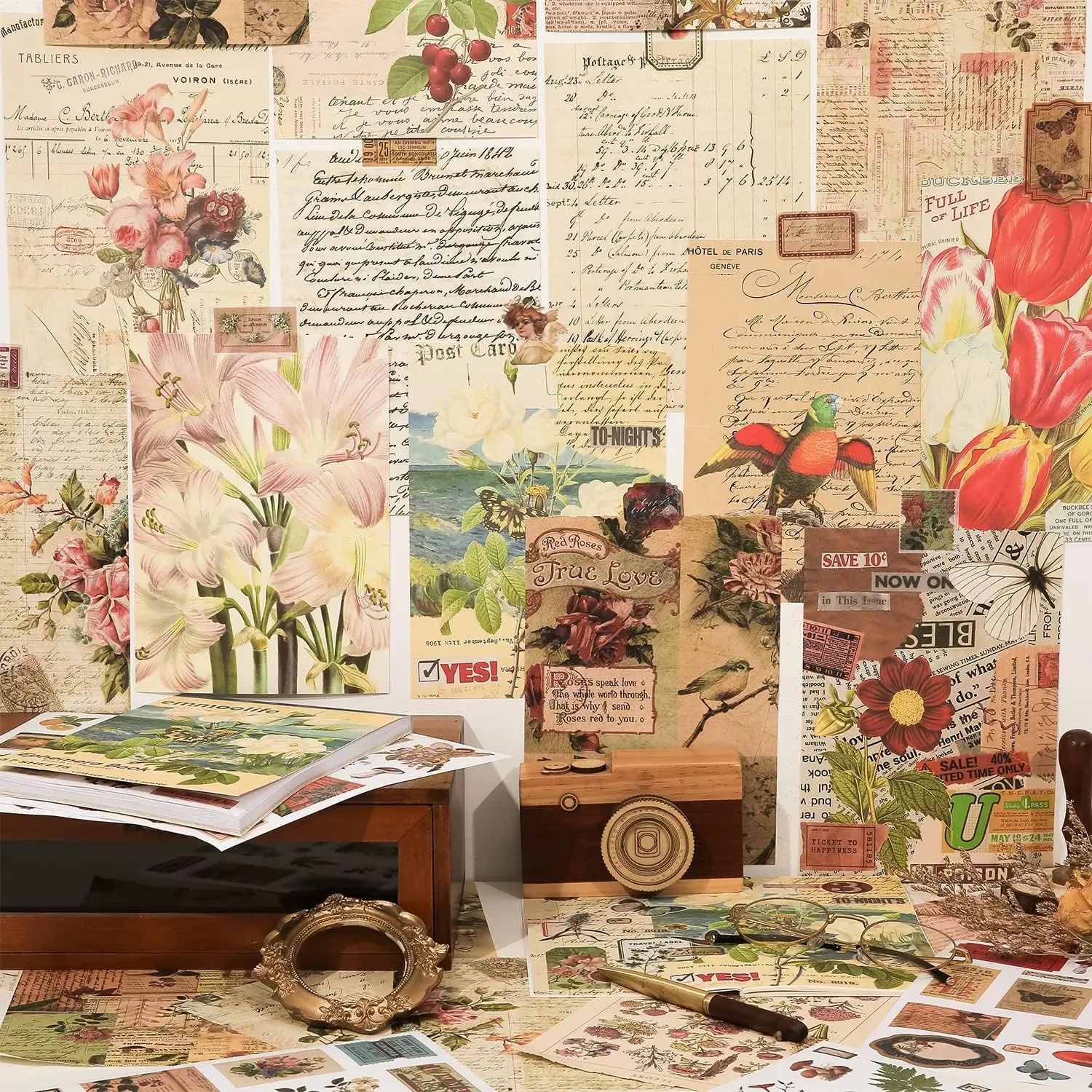 Vintage Washi Adhesive Stickers Craft Kit (500+ Pcs) - Botanical Art Craft Paper for Adult Bullet Journal Enhancement, Scrapbooking, Decoupage