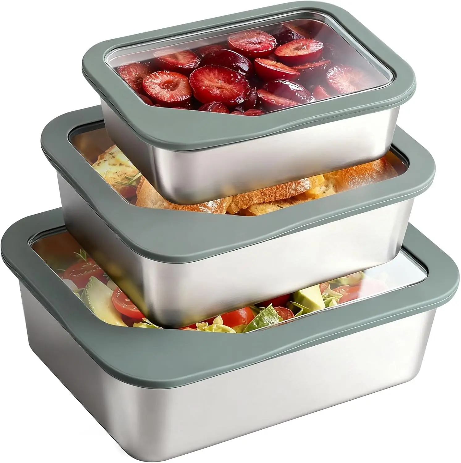 Greentainer Stainless Steel Food Storage Containers with Silicone-Sealed Glass Lids, 3-Pack Stackable Nested Set, Airtight Oven-Safe Containers for Meal Prep, Kitchen Storage
