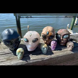 Carved Alien Skulls Star Being Starseed Crystal Skull Alien Head  Smoky Quartz Black Jet, Aragonite, Rhodonite, Sodalite Healing Crystals
