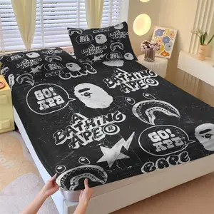 BAPE Camo Ape Head Fitted Sheet Set with 2 Coreless Pillowcases, Camouflage with Classic Ape Head Pattern, Soft Comfort Mattress Protector, Fresh Color-Blocking Bedroom Decor Gift for Fan