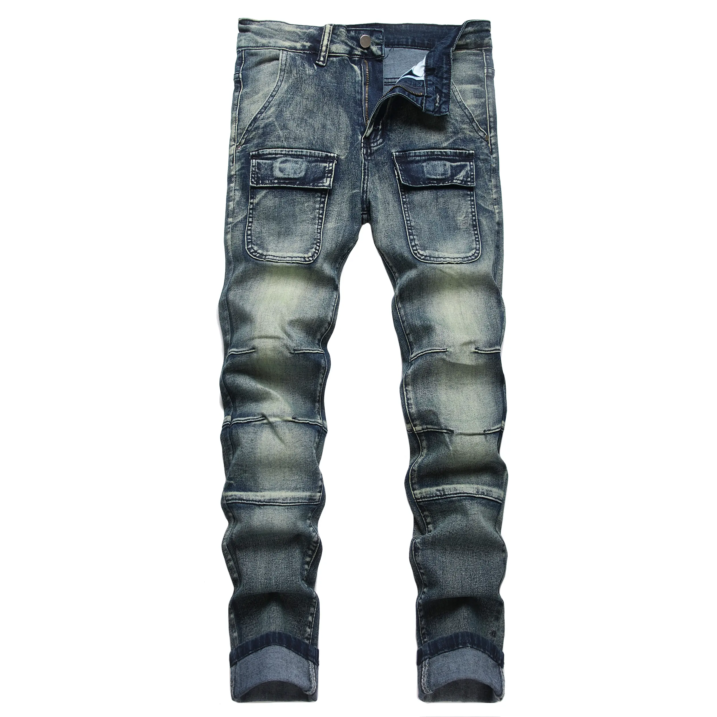 JUNBAOSS Men's Biker Zipper Deco Jeans, Mens Slim Fit Stretch Jeans Ripped Skinny Jeans for Men, Casual Fashion Straight Leg Comfort Flex Waist Cargo Denim Pants, Menswear Trouser Streetwear Jean with Plain Pockets backtoschool