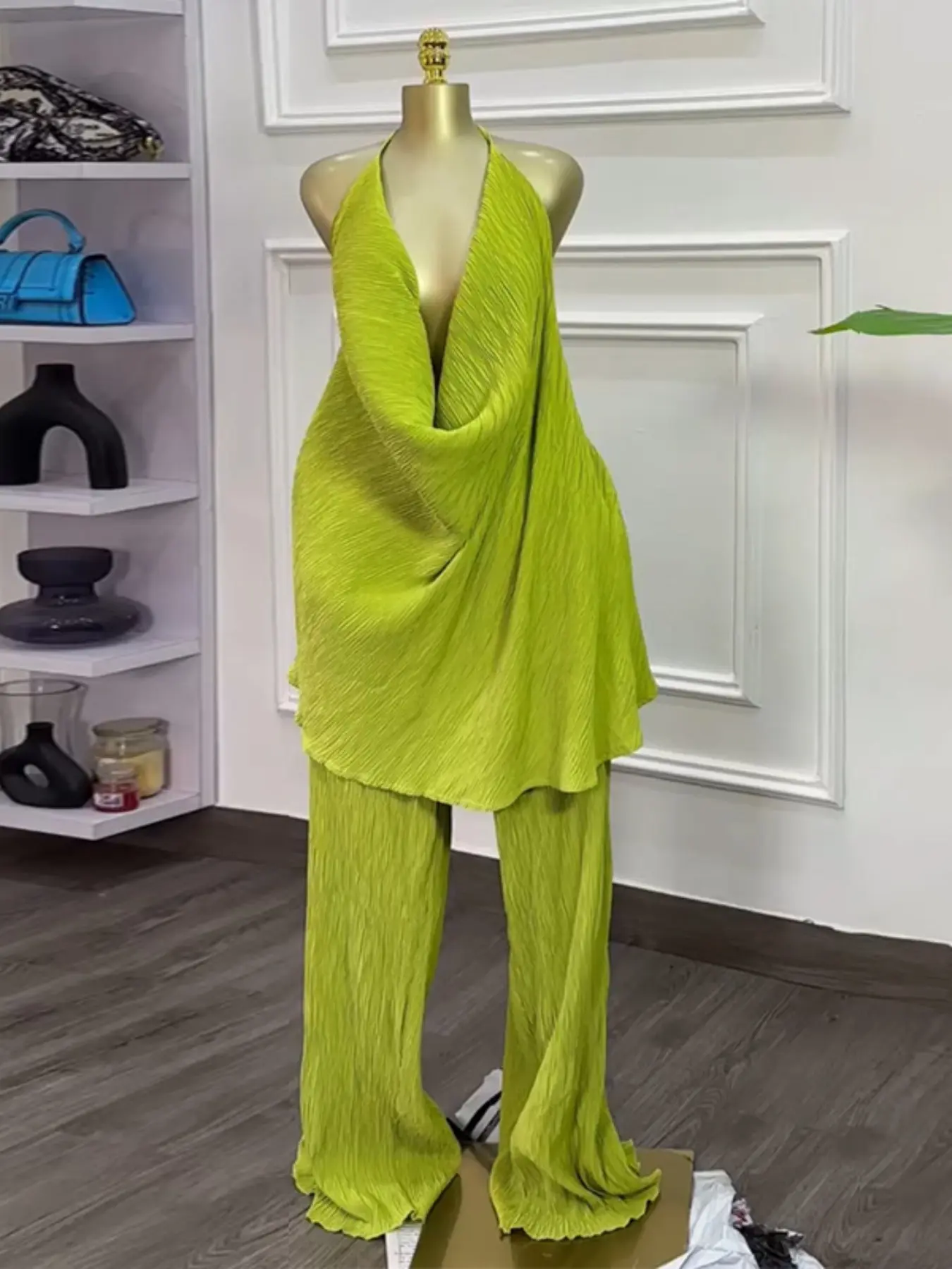 PULKRITU Women's Sexy Pleated Set, Deep V Neck Crop Top + Loose Wide Leg Pants, Street Party Sports Casual Long Pants Two-Piece Set