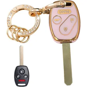 Keyless Entry Systems Key for Honda Key Fob Cover Shell with Keychain Fit for 2003-2012 Honda Accord 2006-2013 Honda Civic EX 2009-2015 Honda Pilot 2005-2006 Honda CR-V (Gold-Pink)