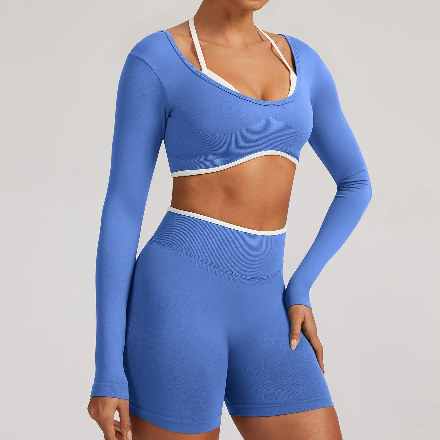 Cross-border Tight-fitting Seamless Faux Two-piece Long-sleeve Sports Top