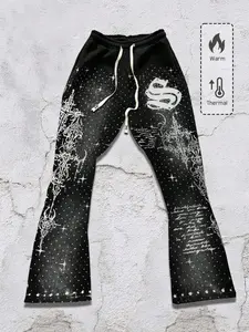 "Celestial Gothic Black Jogger Pants – Thermal Cozy with White Star & Cross Prints, Trendy Streetwear for Men & Women"