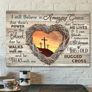 Wood Framed Canvas Wall Art - Inspirational Sunset Landscape, Heart Wreath & Cross, Ready to Hang, 1pc Christian Gift for Home Decor