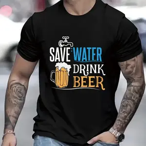[Funny Beer T-Shirt] Funny Graphic Print Men's T-Shirt - "Save Water Drink Beer" White Crew Neck Tee | Short Sleeve, Summer Style, Machine Washable, Outdoor Activities Shirt