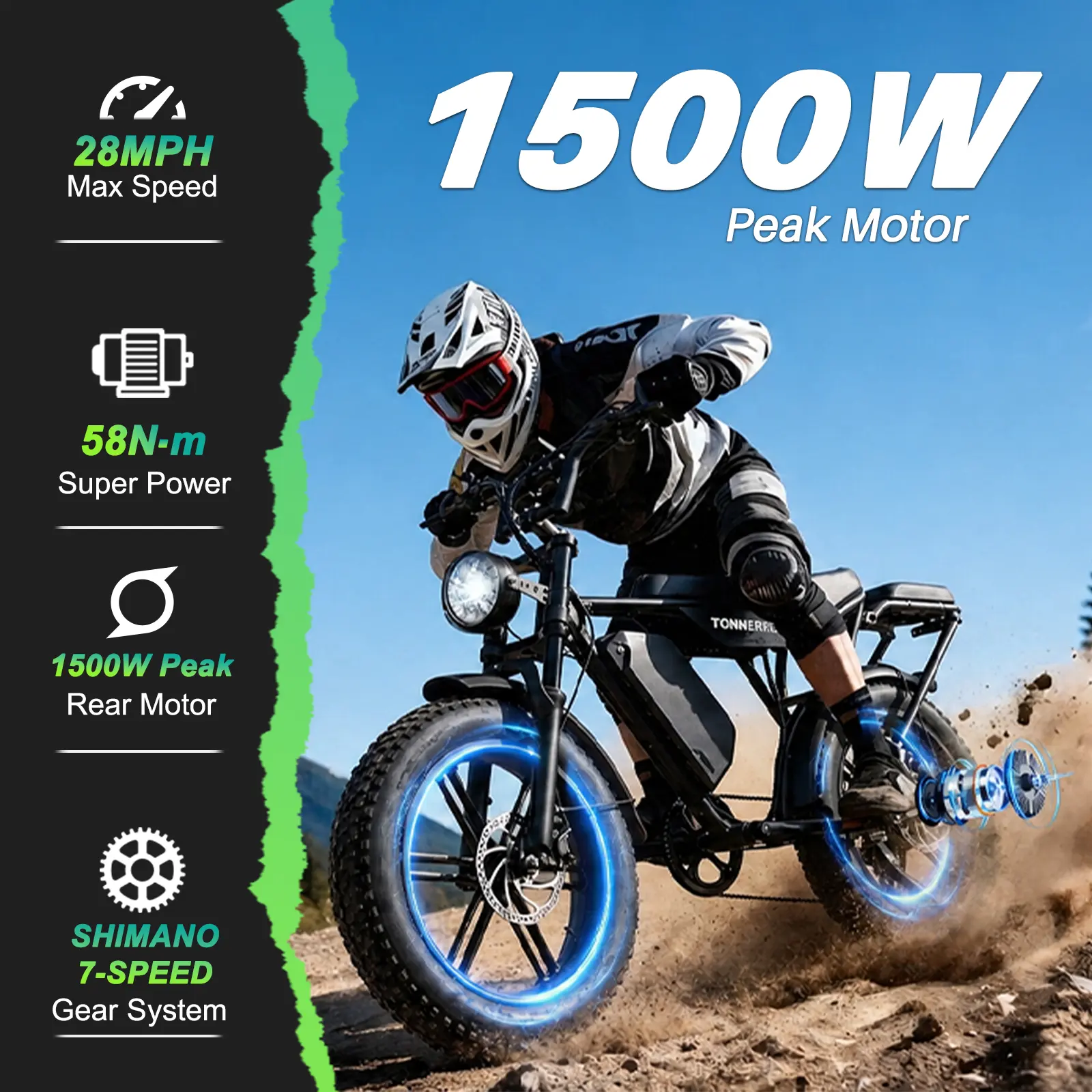 Adult T8 Fat Tire Electric Bike - 1500W Peak Motor, 28 MPH Top Speed, 80-mi Range, 60V 15Ah Removable Battery, Front Suspension, 20" All-Terrain Tires for Mountain Trails & Daily Commute