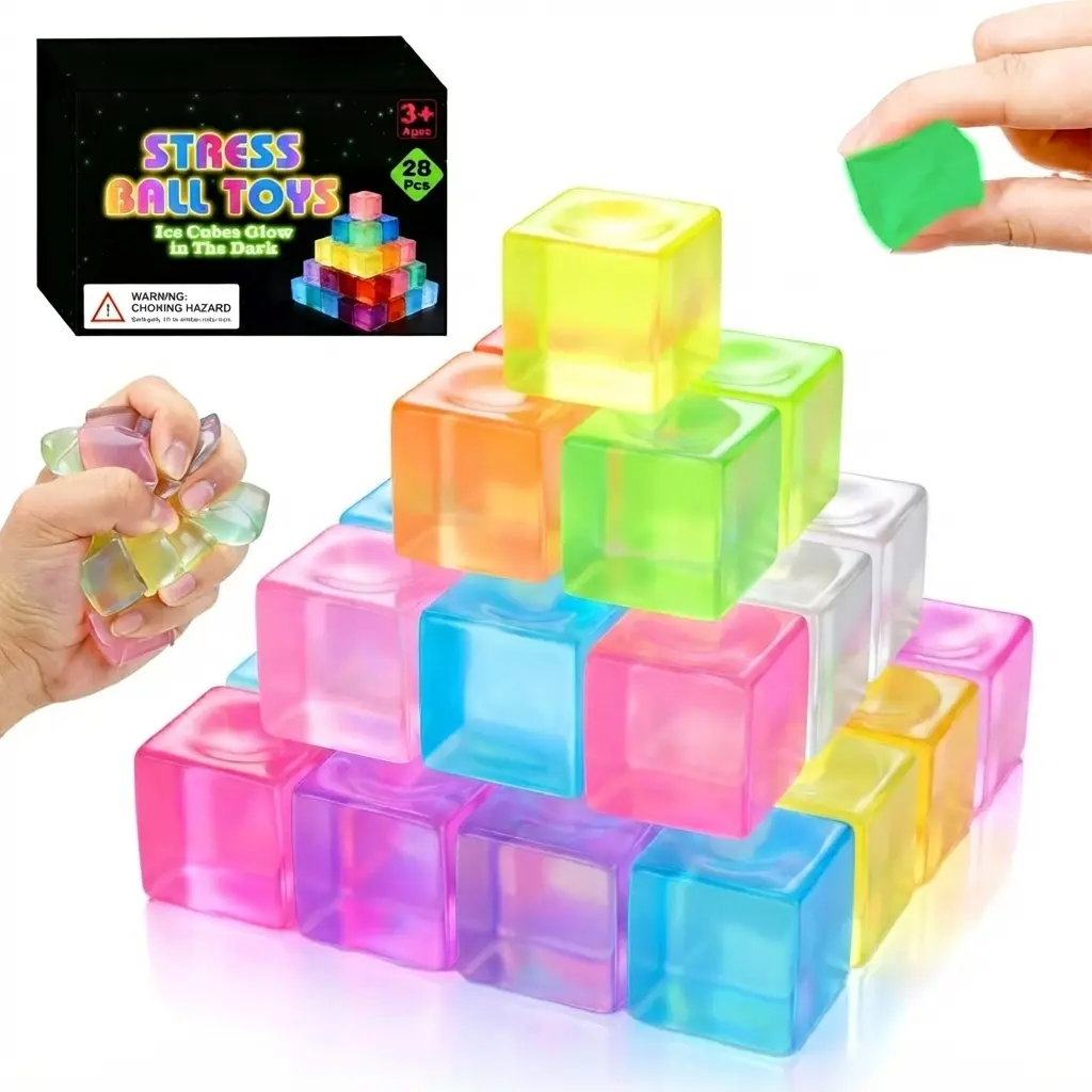 28 Pcs Ice Cube Squishy Glow in The Dark, Mini Stress Balls Fidget Toys   Squishies Sensory Toy for Adults Anxiety Relief Christmas Gifts Goodie Bag Stuffers Office School Classroom Prizes summer, back to school ,thanks giving ,halloween and  gifts