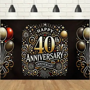 1pc 2D Black & Gold 40th Anniversary Banner, Vintage Gilded Balloon & Firework Printed Backdrop, Luxury Elegant Vibe, Ideal for 40th Anniversaries, Company Celebration Parties, Wedding Anniversaries & Indoor/Outdoor Photo Booth Decor