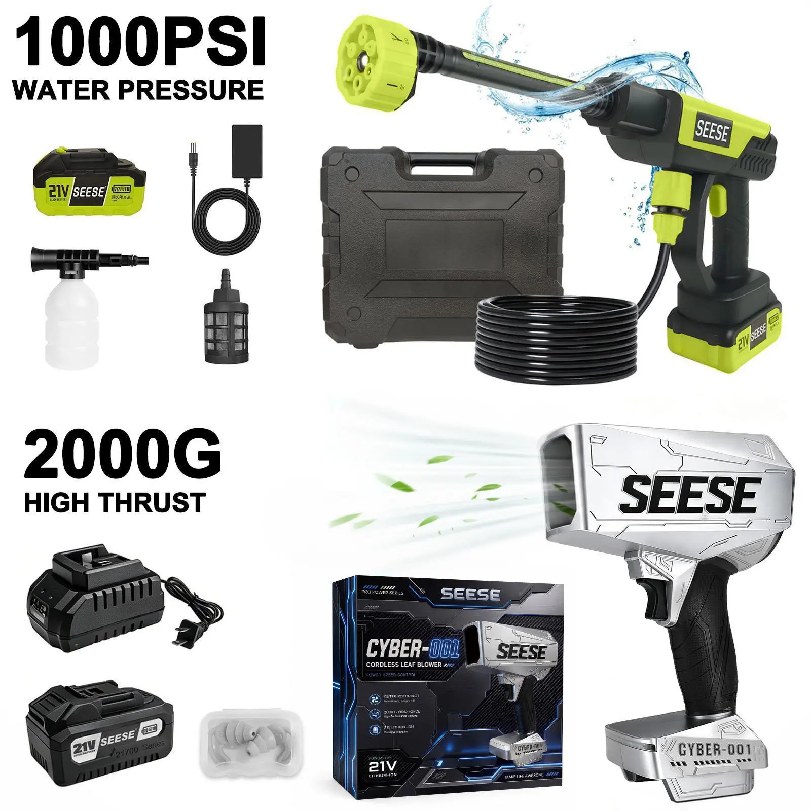 SEESE 21V Cordless Car Cleaning Kit with 1000 PSI Pressure Washer & 2000G Turbo Leaf Blower | Portable Power Washer and Air Duster for Car Washing, Drying, Patio & Garden | Fathers Day Gift backtoschool