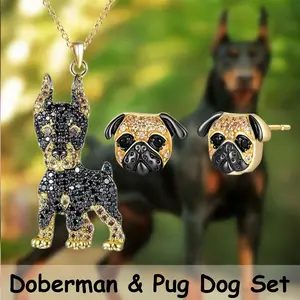 3 Pcs/Set Elegant Golden Doberman Pendant & Cute Pug Earrings Alloy Jewelry Set - Stylish Pet Lover Gift for Women/Men, Birthday Christmas Present for Family Friends