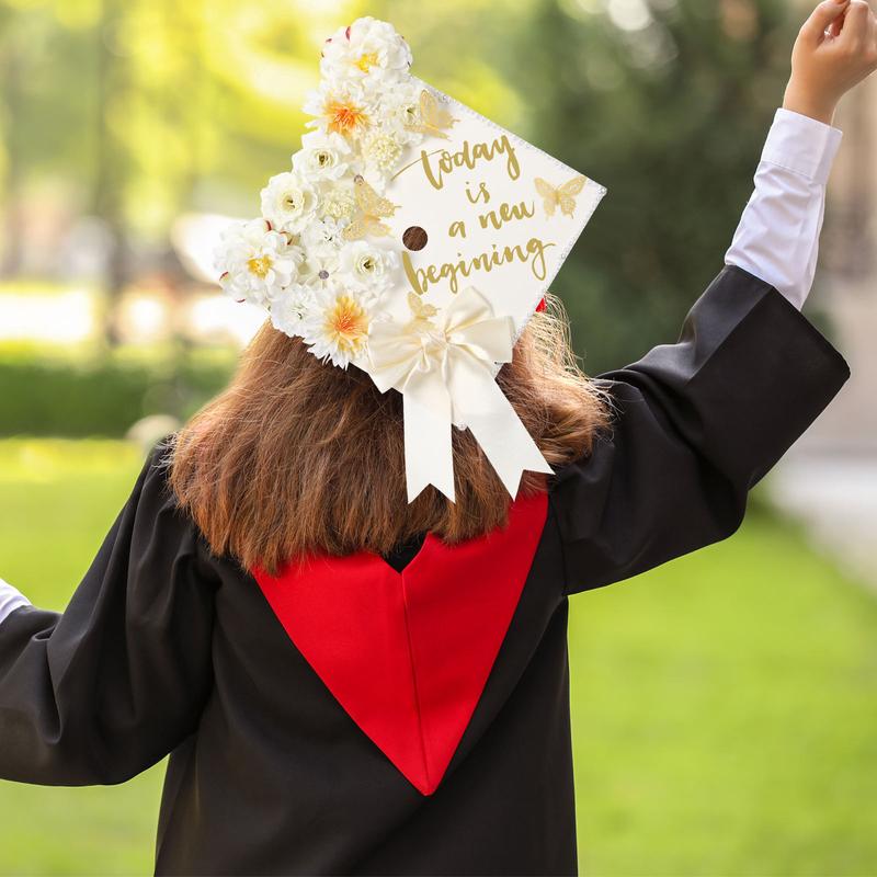 Graduation Cap Decoration Kit with Artificial Flower Heads 3D Butterfly Construction Paper Stickers Pearl Adhesive Dots Satin Bow for Grad Cap Topper DIY Craft Art Decor Grad Gift