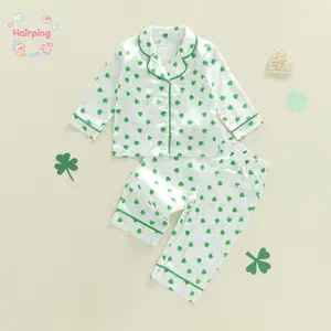 Toddler Boys Girl Satin Pajamas Set, Shamrock Print Long Sleeve Turn Down Collar Button Up Tops with Elastic Waist Pants Set, Casual Baby Girls Set