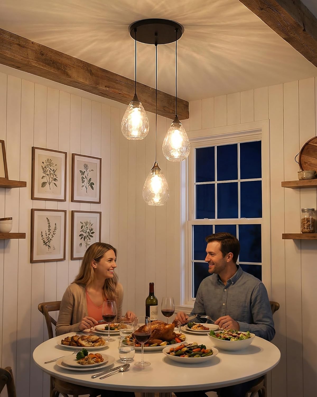 Black 3-Light Pendant Lighting, Modern Dining Room Light Fixture Over Table with Hammered Glass Cluster Hanging Lights for Kitchen Island Dining Room