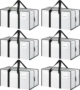 6-Pack Extra Heavy-Duty Large Moving & Storage Organiser Bags with Strong Zippers, Comfortable Handles, Totes for College Supplies, White / Black