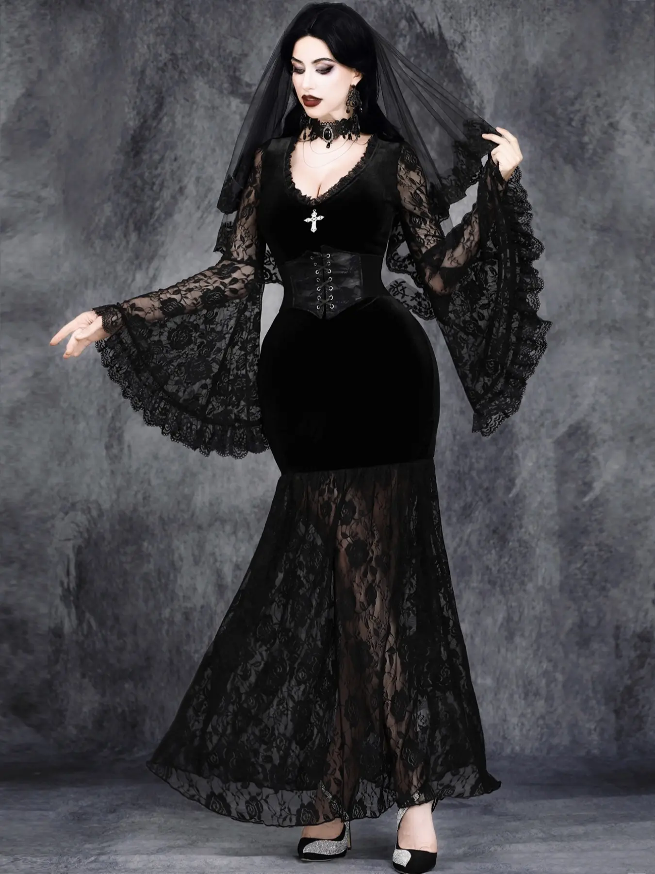Women's Gothic V Neck Lace Patchwork Velvet Cross High Waist Corset Dark Party Dress, Punk Style Fitted Long Sleeve Halloween Costume for All Seasons Cosplay Costume - TikTok Shop Women's Gothic V Neck Lace Patchwork Velvet Cross High Waist Corset Dark Party Dress, Punk Style Fitted Long Sleeve Halloween Costume for All Seasons Cosplay Costume - TikTok Shop