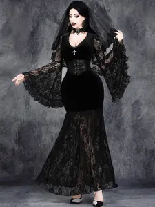Women's Gothic V Neck Lace Patchwork Velvet Cross Dark Party Dress, Punk Style Fitted Long Sleeve Halloween Costume for All Seasons