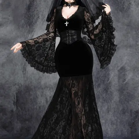Women's Gothic V Neck Lace Patchwork Velvet Cross High Waist Corset Dark Party Dress, Punk Style Fitted Long Sleeve Halloween Costume for All Seasons Cosplay Costume