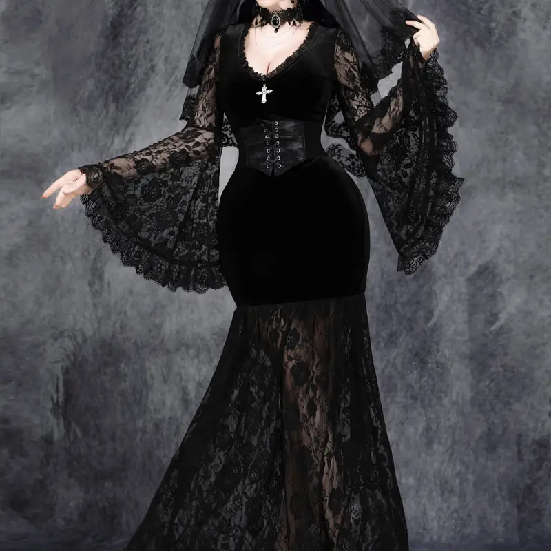 Women's Gothic V Neck Lace Patchwork Velvet Cross High Waist Corset Dark Party Dress, Punk Style Fitted Long Sleeve Halloween Costume for All Seasons Cosplay Costume