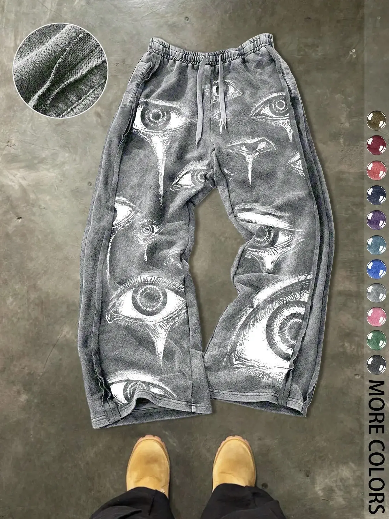 Men's Casual Loose Cotton Sports Pants, Eye Print, Drawstring Waist, Nine-Inch Length, Street Style, All Seasons, Trendy Design, Streetwear, Casual Street Comfy, All Season Trousers