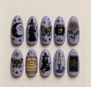 Handmade Halloween Witch Press On Nails | Spooky Lavender Almond Fake Nails Hand-Painted with Moon, Butterfly, Tarot, Ouija & Cauldron Art | Unique Gothic Mystical Reusable Custom Glue Ons