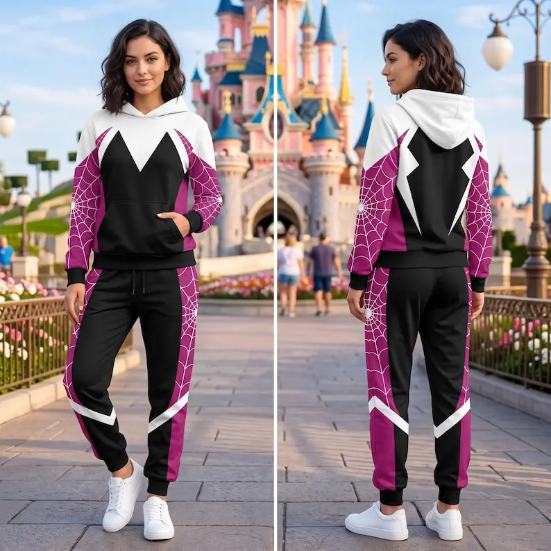 Pink White Spider Hero Hoodie and Jogger Set, Web Inspired Women’s Pullover Sweatshirt with Matching Jogger Pants, Hooded Superhero Cosplay Outfit, Halloween Costume, Comic Fan Gift