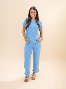 Raised Rib Short Sleeve Top & Wide Leg Pants Set  | S-XL
