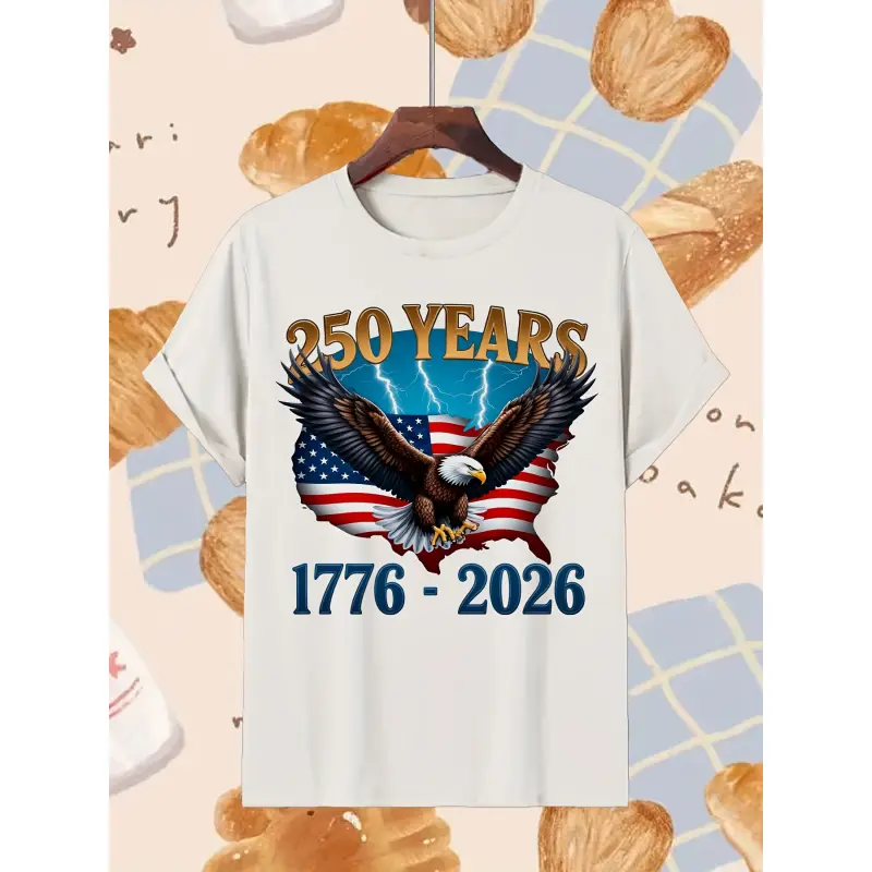 Men's American Semiquincentennial Graphic T-Shirt - 250th Anniversary Vintage Bald Eagle All-Over Cartoon Print, Fitted Oversized Short-Sleeve Streetwear for 4th of July, Halloween, All Over Print