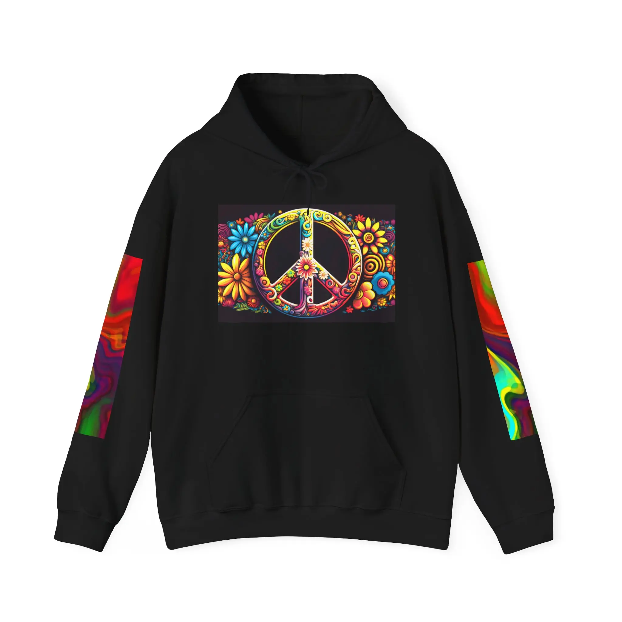 Peace and Love Heavy Blend Hoodie, Hippie Sweatshirt, Positive Vibes Hooded Jumper, Groovy Pullover, Boho Outerwear, Retro Clothing