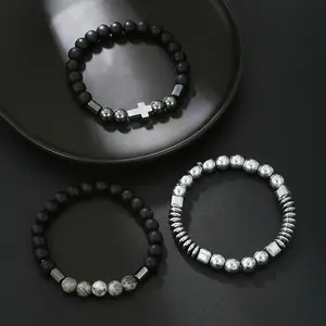 3 Piece Classic Cross Charm Matte Bead Bracelet Men's Women's Silver Bead Bracelet Cross Bracelet Layered Elastic Bracelet Delicate Stackable Bracelet Boho Bracelet Jewelry for Men trendy