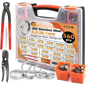 560 count Single Ear Hose Clamps Assortment Kit,Stepless 22 Size(5.3-36.1mm) 304 Stainless Steel Clamp,Includes Pliers & PEX Pipe  Tool with Portable Toolbox for Automotive, Line