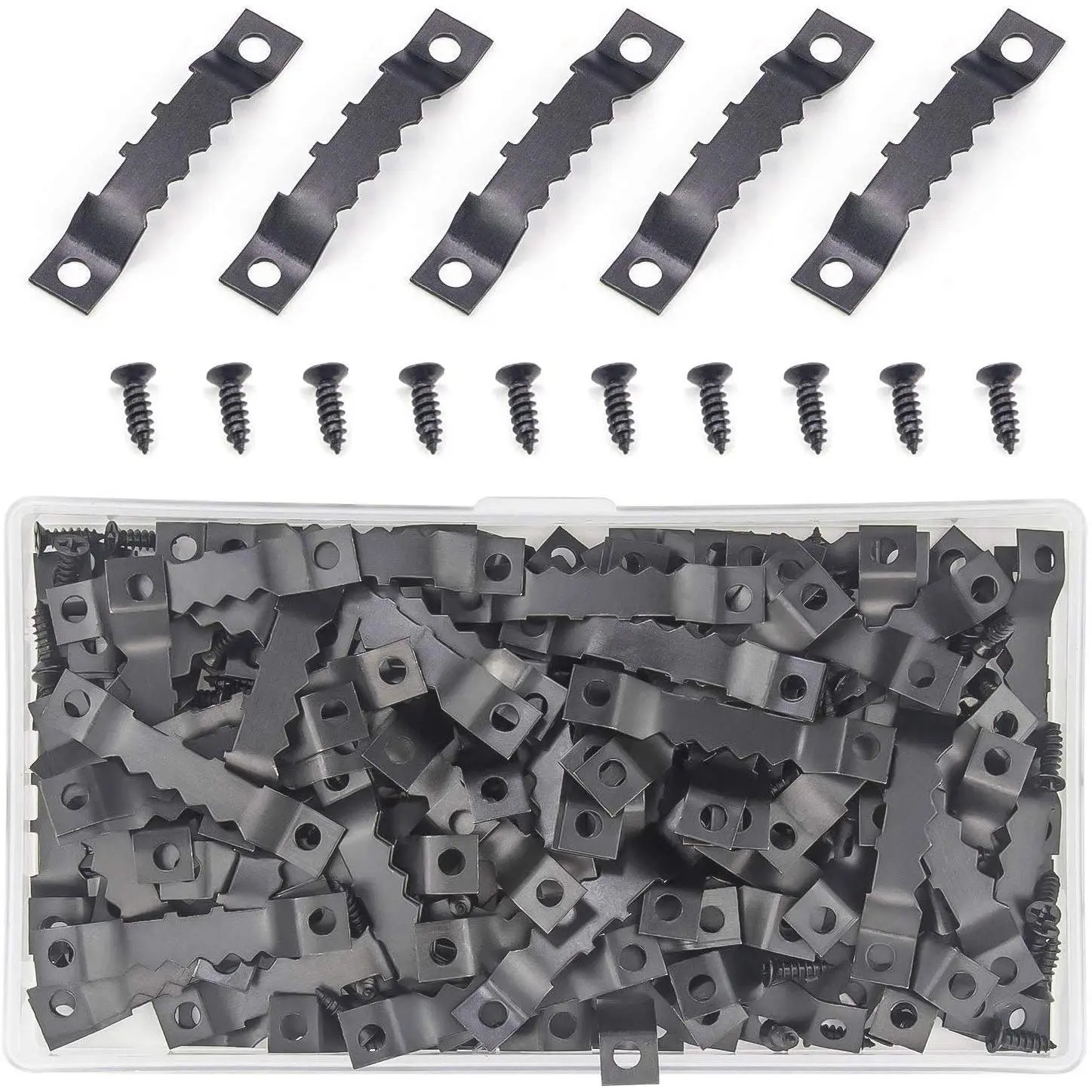 Metal Sturdy Picture Frame Hangers - 128 Count Double-Hole, 256 Count Screws, 45*7*4mm Size, for Photo Frame, Craft Projects, Wall Clock Installations, with Manufacturer Warranty (Black)